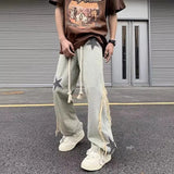 Aidase  High Street Design Star Patch Denim Jeans for Men American Vibe Trendy Brand Street Bombing Washed and Worn Wide Leg Pants For