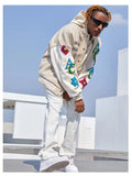 American Flower Embroidered Flocking Jacket Men Streetwear Trend Coat  New Winter Jacket Men Moto Masculin Bomber Jacket aidase-shop