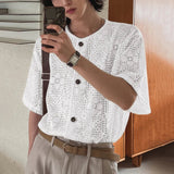 AIDASE  -  2025 Men Shirt Lace See Through Sexy O-neck Short Sleeve Button Male Tops Shirts Streetwear Sexy Men Clothing Summer aidase-shop