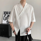 AIDASE  -  New Chinese Style Men Shirt Summer V-neck Short Sleeve Breathable Design Solid Color Casual Male Clothing 21E5869