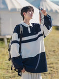 AIDASE  -  Retro Contrast Striped POLO Collar Sweatshirt for Men Loose Fashionable Casual Top aidase-shop