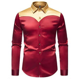 AIDASE  -  New Men's Satin Smooth Color Long Sleeved Shirt Contrast Color Patchwork Single Breast Male Tops aidase-shop
