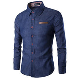 AIDASE  -  Spring and Autumn Men's Casual Shirt Pocket Leather Slim-fit Long Sleeve Denim Shirt aidase-shop