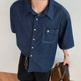 AIDASE  -  Blue Casual Short Sleeve Denim Shirt for Men Summer New Loose Style with Pocket Versatile Simple Design Top Casual Shirt aidase-shop