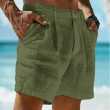 Aidase Summer Men Cotton Linen Shorts Solid Color Button Elastic Waist Beach Shorts Lightweight Gym Pants Comfort Breath Holiday Shorts