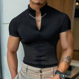 AIDASE  -  British Style V-neck Knitted T shirts Men Solid Business Pit Stripes Short Sleeved Tops Summer Fashion Versatile Kint  T-shirts aidase-shop