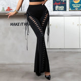 AIDASE  -  Sexy Lace Crossed Belted Hollow out Bell Bottom Pants Chicken Eye Strap Long Trousers Women's Full Length Pants aidase-shop