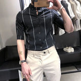 Aidase Fashion Men Shirt Elastic Korean Version Trend Striped Long-Sleeved Shirt Basic Hot Free Casual Dress Short-Sleeved Shirt aidase-shop