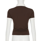 AIDASE  -  Women Fake Two‑Piece Short Sleeve Top Turn‑Down Collar Knit Slim Cropped Tee Preppy Style Contrast Color Casual Shirts aidase-shop