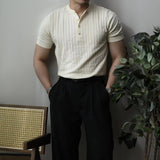 Aidase Mens Casual Henley Collar Knitted Short Sleeves Genderless 2024 New American Simple Versatile Basic Solid Color Clothes Unisex aidase-shop