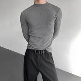 AIDASE  -  Men's Solid Color Half Turtleneck Long-Sleeved T-Shirt American Retro Fashion Trend High Street Slim Breathable Niche Men's Tops aidase-shop