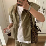 AIDASE  -  Autumn Men's Zipper Sleeveless Denim Jackets Outwear Streetwear Khaki Cargo Vest Coats New Hip Hop Fashion Working Clothes