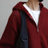 AIDASE  -  Y2K Mens Hollow Solid Color Knitted Breathable Hooded Sweater Autumn Student Campus Trend Japanese Outerwear Men's Clothing