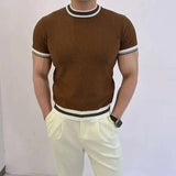 AIDASE  -  Light Luxury Ice Silk Knitted Contrast Color Round Neck Pullover Men's T-shirt Business Gentleman Male Tops aidase-shop