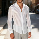 AIDASE  -  Men Shirt Mesh See Through Striped Lapel Long Sleeve Men Clothing Sexy Streetwear Party Fashion Tops Male Shirts aidase-shop