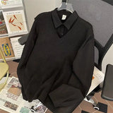 AIDASE  -  Japanese Vintage Style Patchwork Knit Shirt Sweater Men Loose Overhead Fake Two-Piece Knitted Base Shirt Jacket for Couples aidase-shop