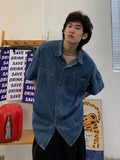 AIDASE  -  Summer New American High Street Vintage Waed Denim irt Men ort Sve Couple Retro Casual Loose Trendy Button up Top aidase-shop