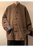AIDASE  -  Splicing Button Up Shirt Men's Chinese Style Stand Collar Corduroy Jacket Men's Spring Autumn Casual Rolled Edge Tunic Jacket aidase-shop