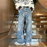 Aidase  Mens Fashion Floral Printed Jeans Korean Style Autumn Denim Pants High Street Loose Trousers Hip Hop Wide-leg Jean Pants