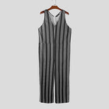 AIDASE  -  Men Jumpsuits Striped V Neck Sleeveless Casual Male Rompers Streetwear Loose Vacation Summer Fashion Male Overalls S-5XL aidase-shop