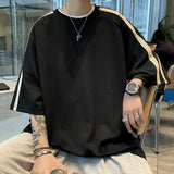 24.79Aidase Summer High Street Men and Women Trendy Hip Hop Personality Stripe Round Neck Short Sleeve Couple Loose Casual Simple Top y2k aidase-shop