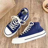 AIDASE  -  New Women Solid Canvas Shoes High Top Female Students Navy Canvas Sneakers Lace Up Flat Tennis Sports Shoes Short Ankle Boots aidase-shop