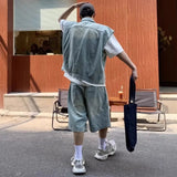 AIDASE  -  Summer New Men Tide Punk Vintage Style Washed Denim Vest Torn Shorts Set Hip Hop Trend High Street Sleeveless Jacket aidase-shop
