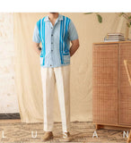 AIDASE  -  Versatile Men Shirt Striped Spliced Decoration Breathable Short Sleeved Knitted Cardigan Design Casual Clothing aidase-shop