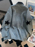 AIDASE  -  American Red Star Print Y2K Sweaters Women Patchwork Knitted Jumpers Tops Loose Female Design Turn Down Collar Pullovers Tops aidase-shop