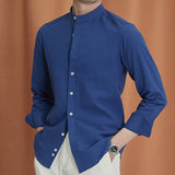 Aidase High Quality Cotton Linen Stand Collar Shirt Men Long Sleeve Blue Green White Breathable Shirt Business British Solid DressTop aidase-shop