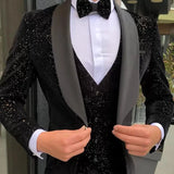 AIDASE  -  Black Men Suits 3 Pieces Shiny Blazer Vest Pants One Shoulder Sheer Lapel Sequins Tuxedo Wedding Formal Work Causal Customized aidase-shop