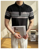 AIDASE  -  Summer New British Slim-Fitting Gray and White Striped Short-Sleeved Polo Shirt Men's T-shirt aidase-shop