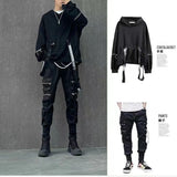 Aidase Men's Sets Black Hoodies+Pants Punk Graphic Zipper Hooded Sweatshirts Cargo Pant Men Oversized Loose Streetwear Suits