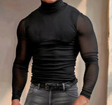 =Aidase Tops American Style Men's Solid Stripe Texture Design T-shirts Casual Simple Long Sleeved High Neck Camiseta S-5XL aidase-shop