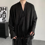 AIDASE  -  Spring New Jacquard Long Sleeved Design Loose Men's Shirt Solid Color V-neck Solid Color Male Tops aidase-shop