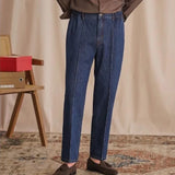AIDASE  -  Vintage Cotton Men Jeans Suit Pants Elastic High Waisted Straight Trousers British Business Style  Casual Naples Denim Pant aidase-shop
