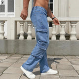 AIDASE  -  Men's Straight Fit Cargo Jeans | Light Blue Washed Denim Pants | Casual Street Style Trousers Baggy Streetwear Trousers aidase-shop