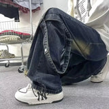 AIDASE  -  American high street trendy brand youthful and fashionable versatile straight retro old washing splicing design streamer jeans aidase-shop