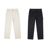 AIDASE  -  White Workwear Thigh Patch Jeans Men's New Woodcutter Rivet Straight Denim Pants Spring Autumn American Retro Cotton Cargo Pants aidase-shop