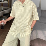AIDASE  -  Men Shirt Striped Patchwork Lapel Short Sleeve Button Men Clothing Streetwear Korean Style Loose Fashion Casual Tops Men aidase-shop