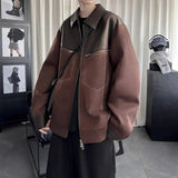 AIDASE  -  Trend Men's Jacket PU Leather Faux Suede Patchwork Design Contrast Color Casual Long Sleeve Lapel Male Coat Tide 21E7100 aidase-shop