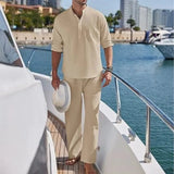 AIDASE  -  Men's Cotton and Linen Shirt Long Pants Two-piece Set Fashionable Henry Collar Long Sleeved Shirt Casual Vacation Beach Pants aidase-shop
