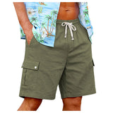 AIDASE  -  Men's Cotton Linen Cargo Shorts Elastic Waist With Drawstring 6 Pockets Summer Vacation Casual Men's Stretch Shorts aidase-shop