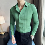 Aidase Men's Solid Color Long-Sleeved Shirt Fashionable Elegant Double-Breasted Ball Nightclub Tops Striped Lapel Shirt aidase-shop