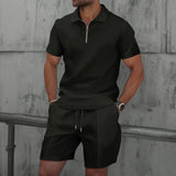 AIDASE  -  Summer Men Suits Solid Color Waffle Lapel Slim-Fit Casual Fashion Zip-Up Short Sleeve Shirts Suit Shorts Two Sets aidase-shop