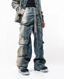 Aidase High Street Men's Jeans Fashion Vintage Wide Leg Gradient Denim Pants Trend Worn Out Streetwear Tide Overalls
