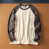 AIDASE  -  American Casual Shirt Retro Color-blocked Raglan Long-sleeved T-shirt Autumn O-Neck Casual Cotton Washed Brushed Bottoming Top aidase-shop