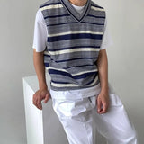 AIDASE  -  Fall Knitted Sweater Vest Men Sleeveless V-Neck Striped Color Blocking Waistcoat Korean Fashion Oversized Casual Sweaters aidase-shop