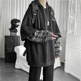 Aidase Fake Two Piece Plaid Patchwork Black White Oversize Harajuku Korean Fashion Casual 2024 Hoodie Long Sleeve Autumn Men Sweatshirt