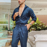 Aidase Fashion Men Jumpsuits Solid Color Lapel Long Sleeve Casual Cargo Clothes Overalls Male Rompers Streetwear Girdle Waist Siamese